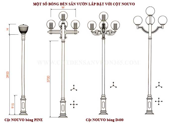 Bóng đèn sân vườn lắp đặt với cột đèn trang trí NOUVO, Cột Đèn Sân Vườn Nouvo