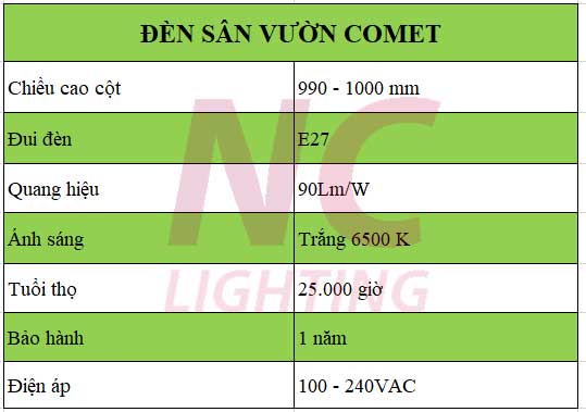 Thông số đèn sân vườn Comet