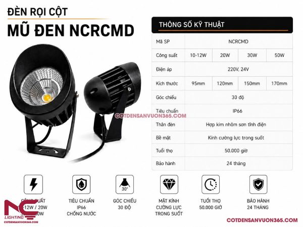 Đèn Rọi Cột Mũ Đen NCRCMD