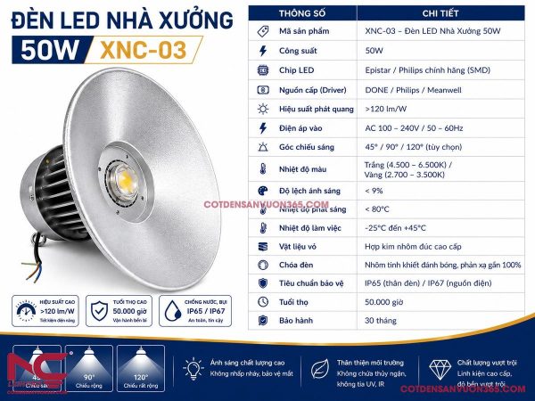 Đèn LED Nhà Xưởng 50W XNC-03 – Chip Epistar/Philips