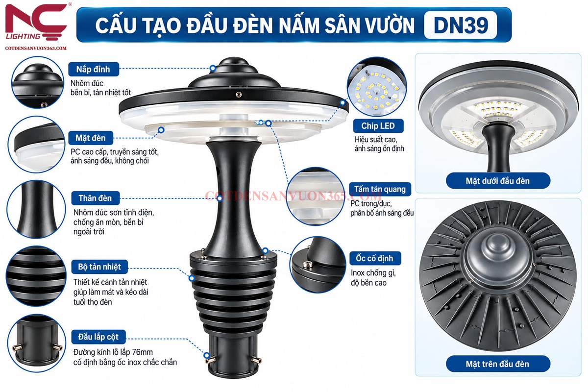 Đèn nấm sân vườn DN39 13 Thiết kế cấu tạo đèn nấm sân vườn DN39